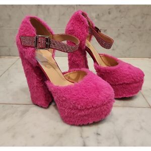 Only Maker Pink Platform High Heels with Thick Sole and Furry Texture size 8 NWO